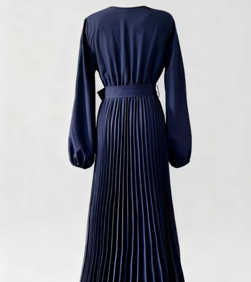 Navy V-Neck Pleated Tie Dress