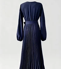 Navy V-Neck Pleated Tie Dress