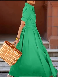 Elegant Green Shirt Dress with Belt and Pockets