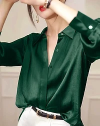 Dark Green  Satin Long Sleeve Blouse