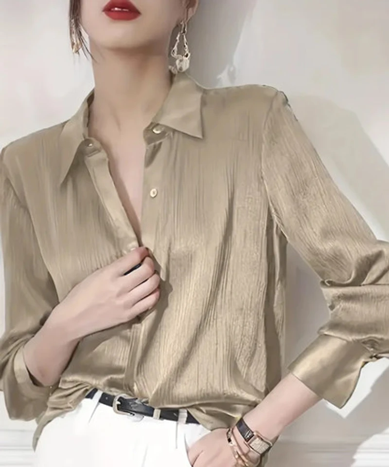 Light Gold Satin Long Sleeve Blouse