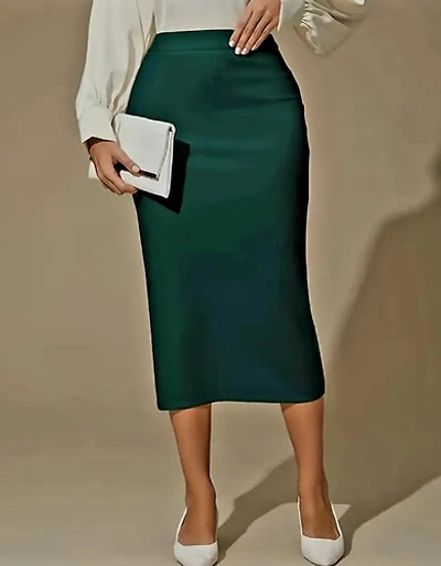 Elegant Midi Pencil Skirt-Dark Green