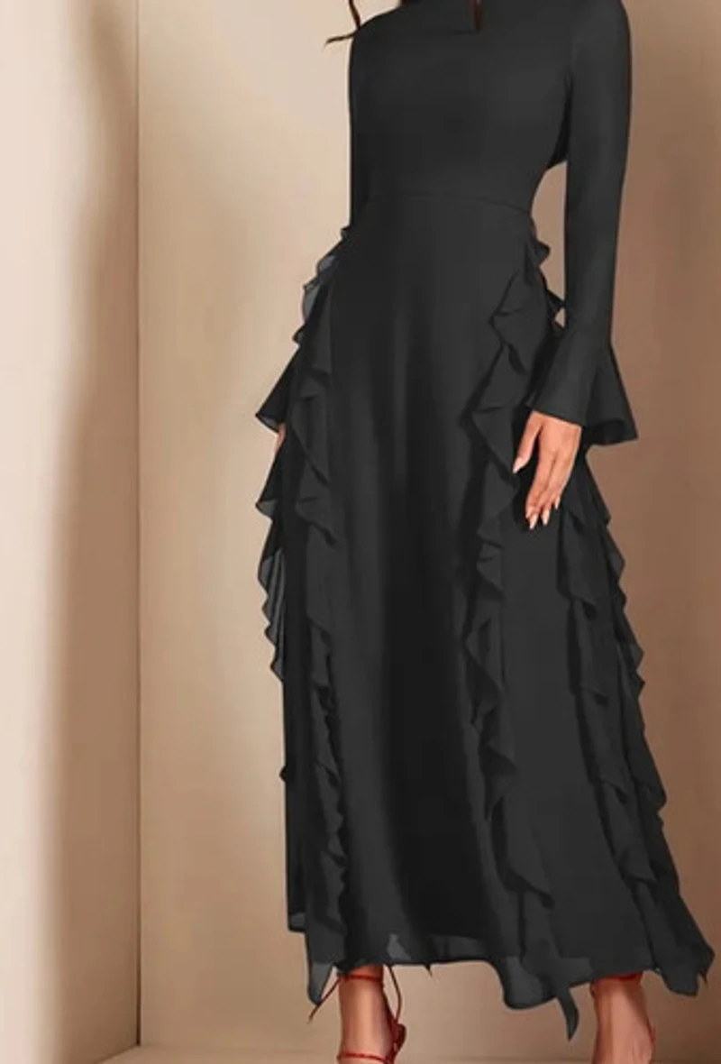 Elegant Black A-Line Dress with Ruffle Detail