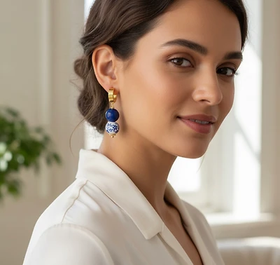 Blue Lapis Lasuli & Floral Porcelain Earring 