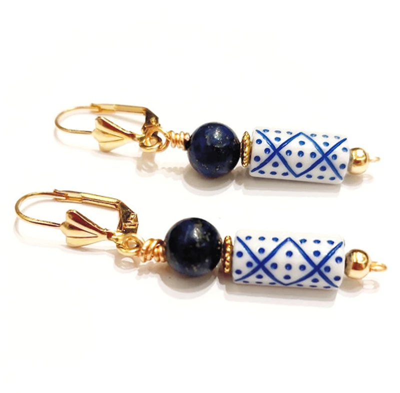 Chinese Porcelain & Blue Lapis Lasuli Earring