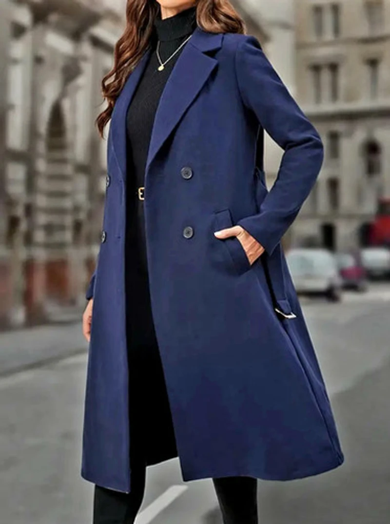 Double-Breasted Belted Overcoat -DARK NAVY BLUE