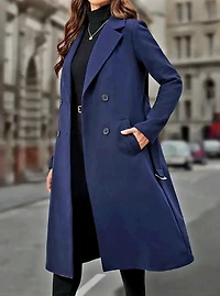 Double-Breasted Belted Overcoat -DARK NAVY BLUE
