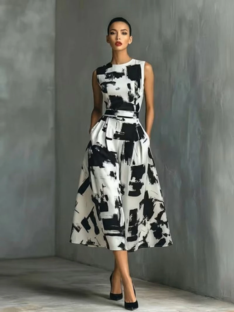 Abstract Art Print Round Neck Dress