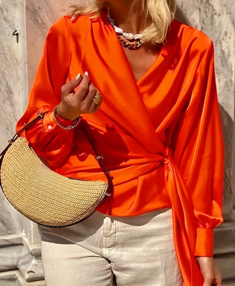 Orange Satin Long Sleeve V-Neck Blouse with One -Sided Tie