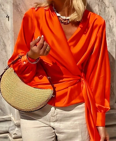 Orange Satin Long Sleeve V-Neck Blouse with One -Sided Tie