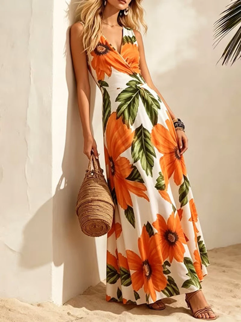 Tropical Floral Print Cinched Waist  V-Neck Long Dress