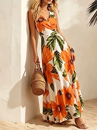 Tropical Floral Print Cinched Waist  V-Neck Long Dress