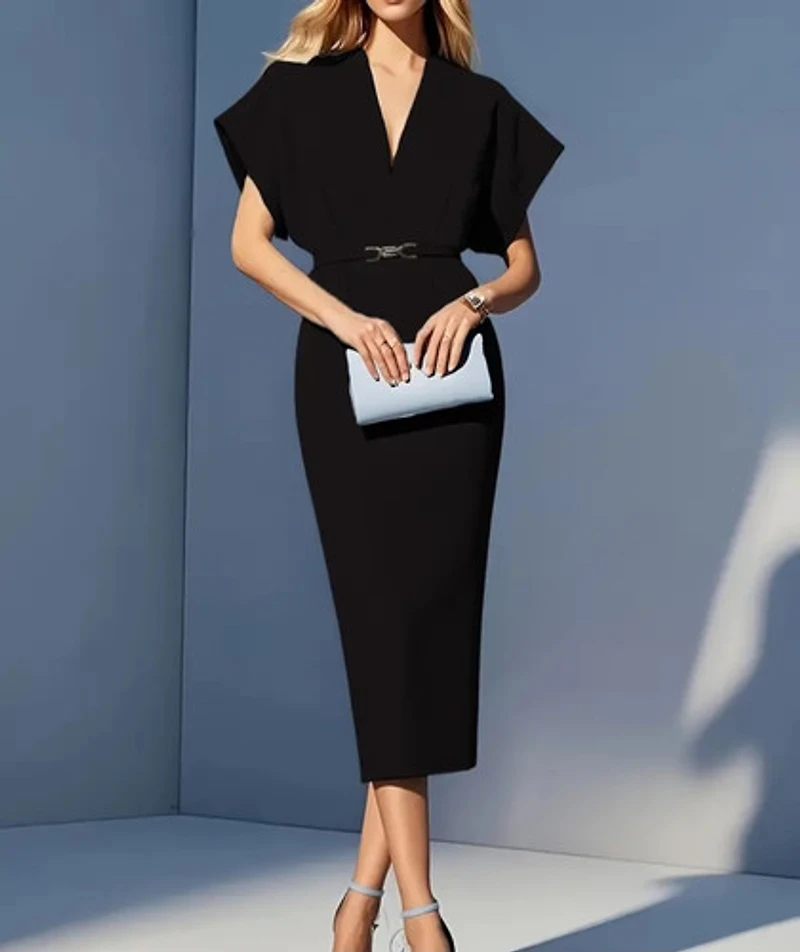 Elegant V-neck line Midi Dress with Belt