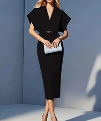 Elegant V-neck line Midi Dress with Belt