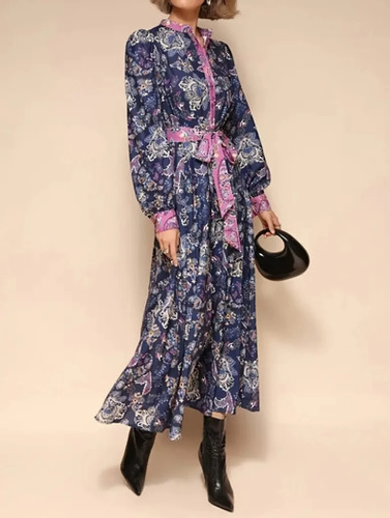Stand-Up Collar Printed Long Sleeve Dress