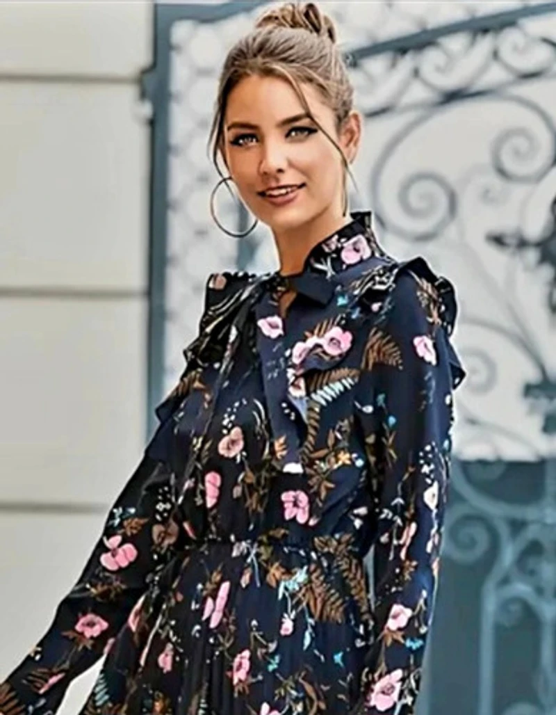 Navy-Blue Tie Floral Print Pleated Hem Dress