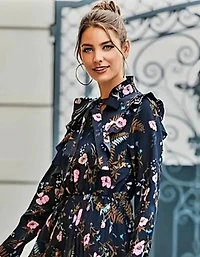 Navy-Blue Tie Floral Print Pleated Hem Dress