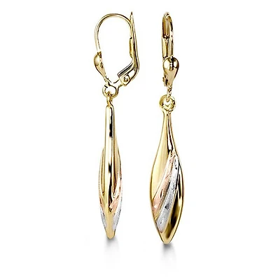 10kt Tri-Colour Gold, Tear-Shape Drop Earrings