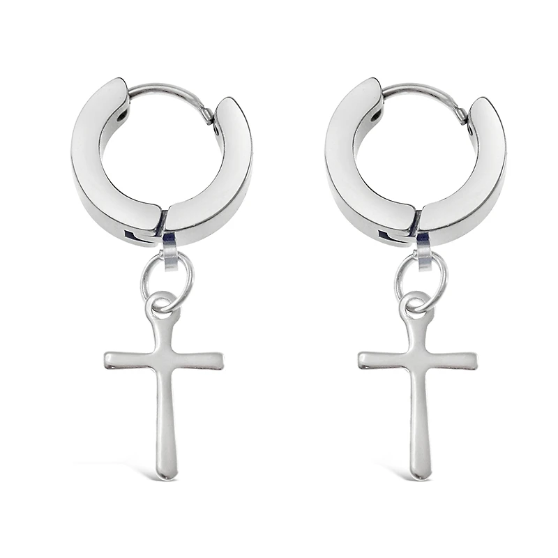 Stainless Steel Silver Cross Huggie Earrings 138269