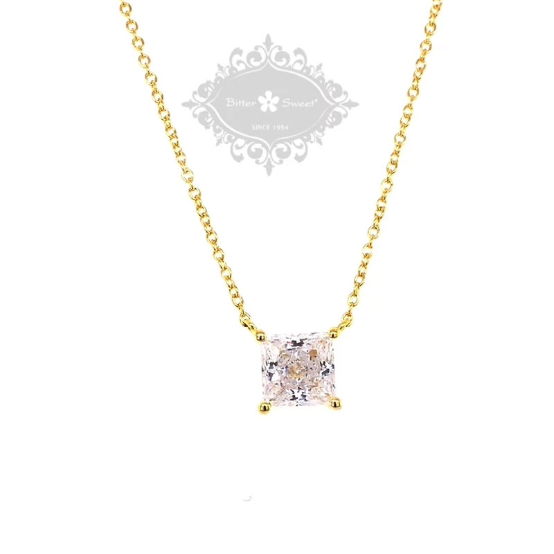Gold Plated Sterling Silver Cubic Zirconia Princess Cut Necklace 143479