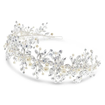 Bridal Silver Flower Pearl Wire Headband 152453