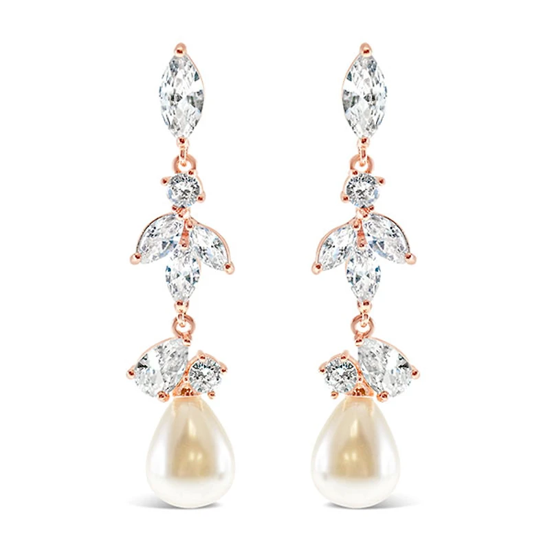 Bridal Rosegold Pearl Cubic Zirconia Drop Earrings 145910