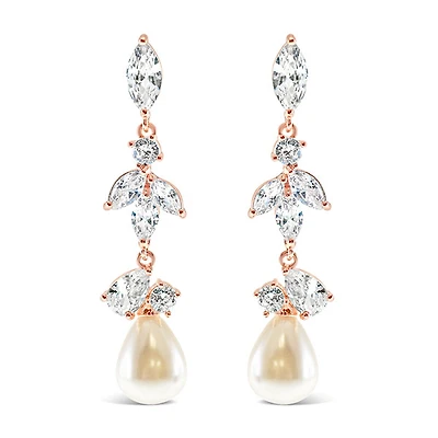Bridal Rosegold Pearl Cubic Zirconia Drop Earrings 145910