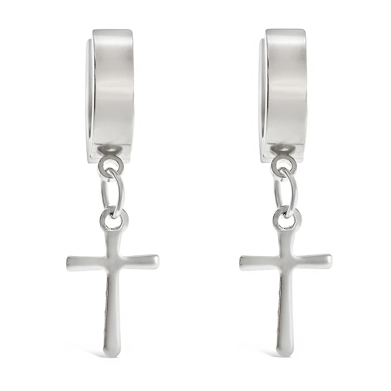 Stainless Steel Silver Cross Huggie Earrings 138269