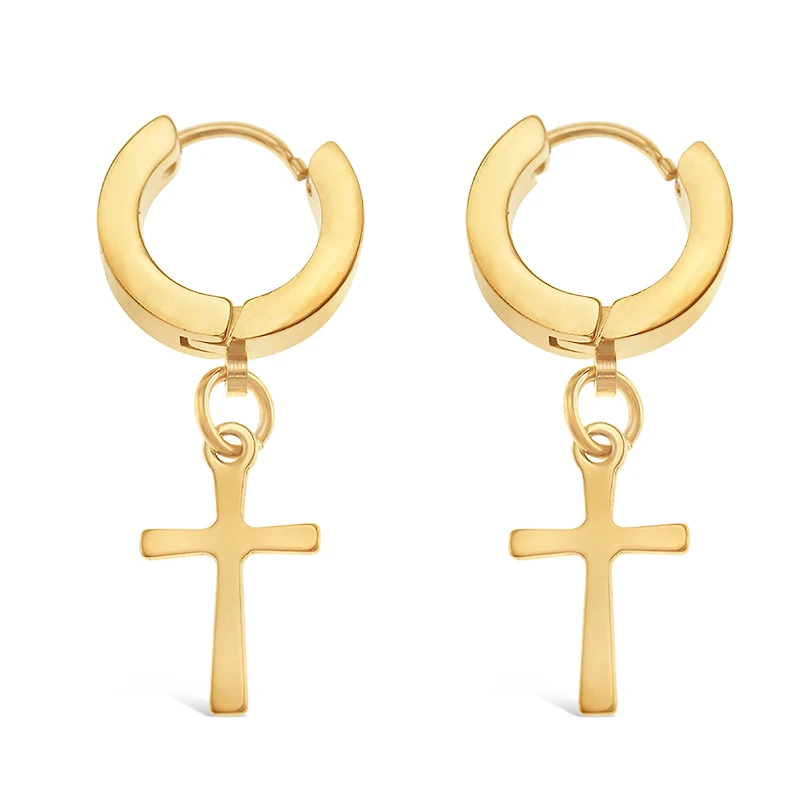 Stainless Steel Gold Cross Huggie Earrings 138270