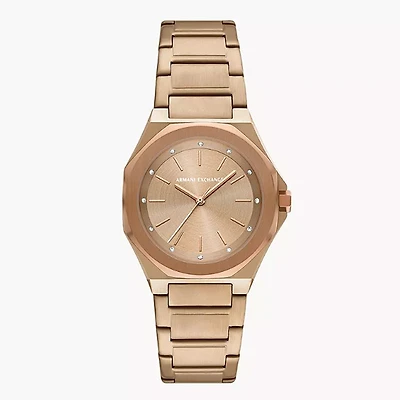 Armani Exchange Three-Hand Beige Gold-Tone Stainless Steel Watch 153641
