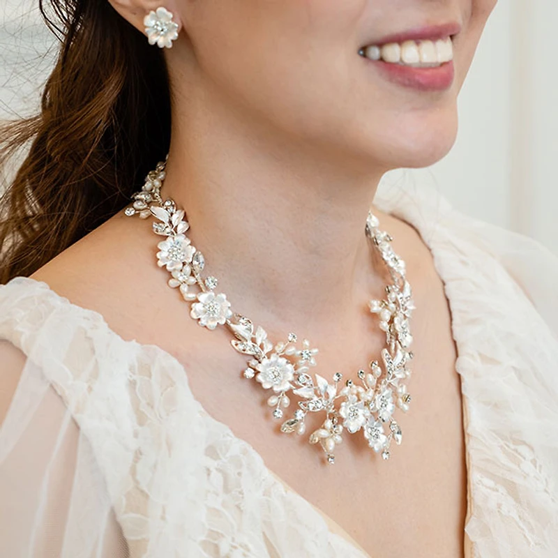 Bridal Silver Flower Necklace & Earrings Set 146364