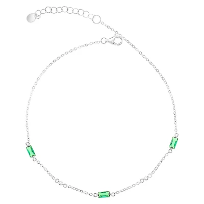 Sterling Silver Green Baguette Cubic Zirconia Anklet 152206
