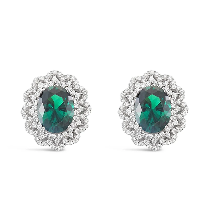 Sterling Silver Emerald Oval Cubic Zirconia Earrings 153387