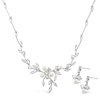 Bridal Pearl Cubic Zirconia Necklace & Earrings Set 145915