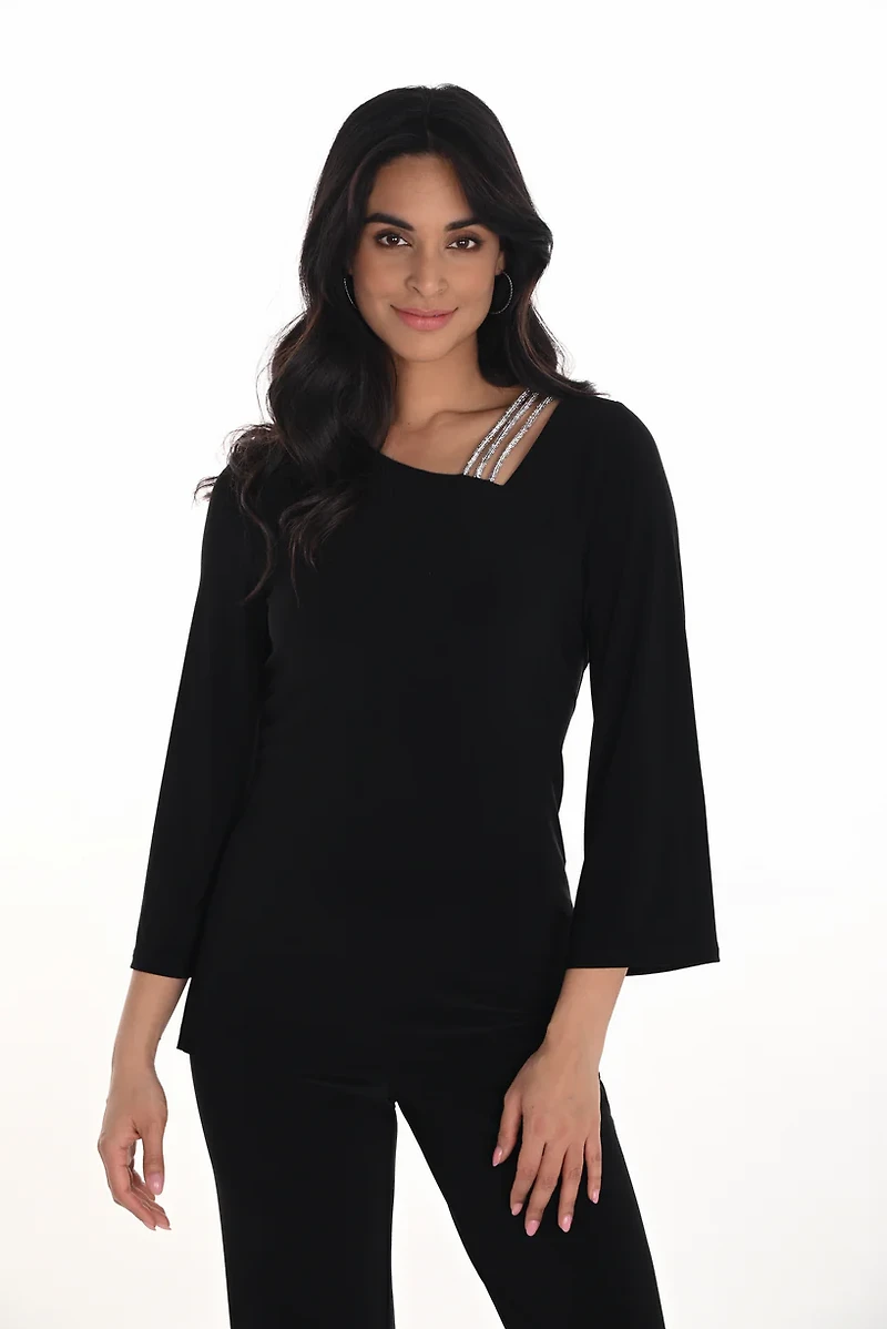Triple Rhinestone Strap Asymmetric Neckline Top
