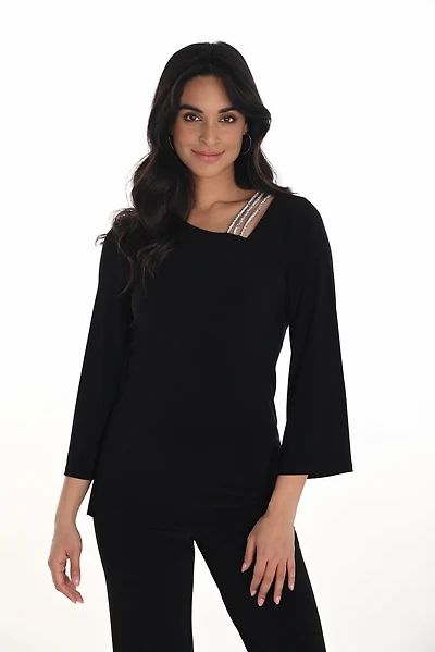Triple Rhinestone Strap Asymmetric Neckline Top