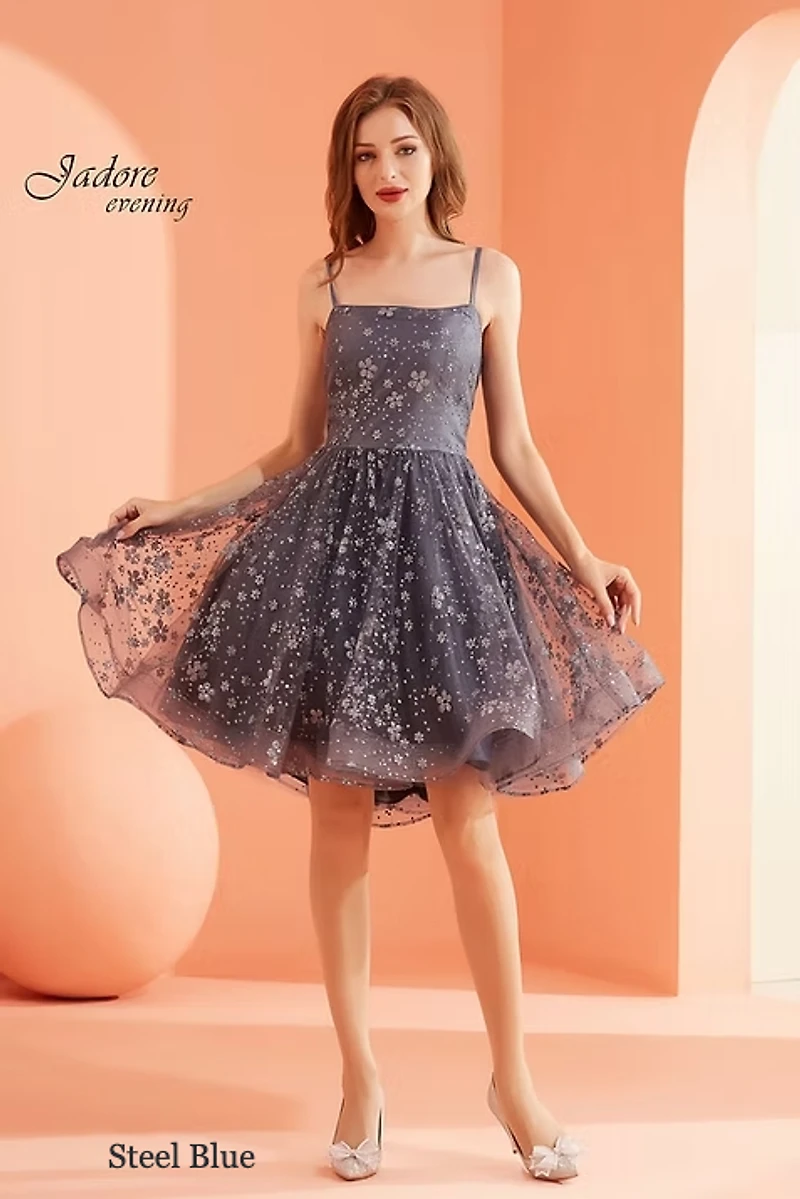 Straight Neckline Lace-Up Back Glitter Tulle Dress
