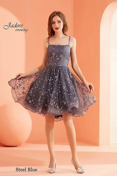Straight Neckline Lace-Up Back Glitter Tulle Dress