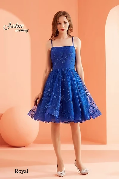 Straight Neckline Lace-Up Back Glitter Tulle Dress