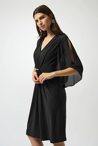 Draping Sleeves Silky Knit & Chiffon Dress