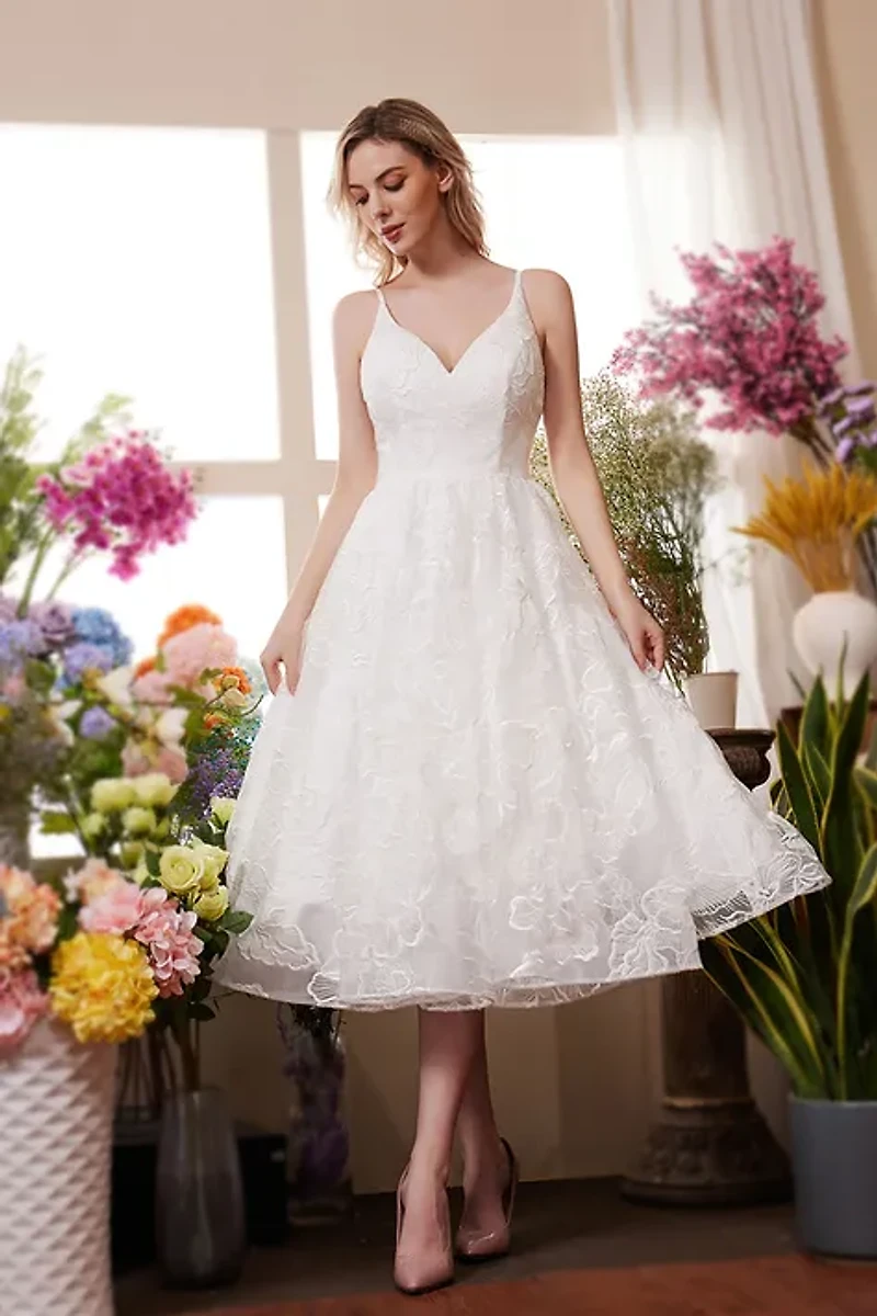 Ivory A-line V-neckline Lace Tea Length Dress