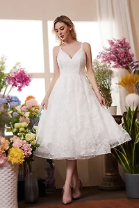 Ivory A-line V-neckline Lace Tea Length Dress