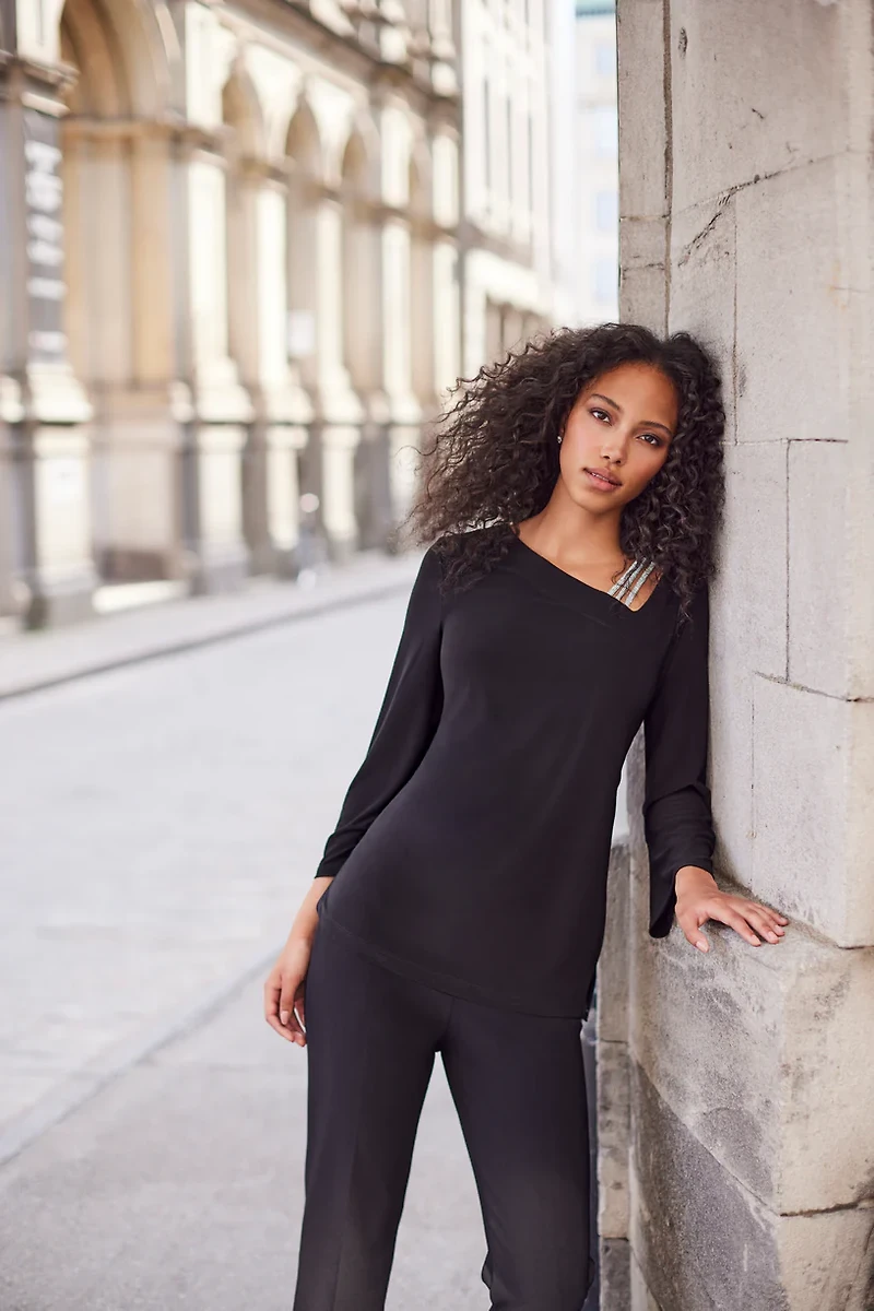 Triple Rhinestone Strap Asymmetric Neckline Top