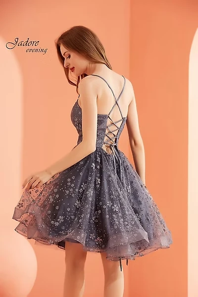 Straight Neckline Lace-Up Back Glitter Tulle Dress
