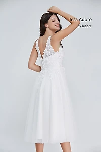 V-Neck Lace Top Tulle Tea Length Dress