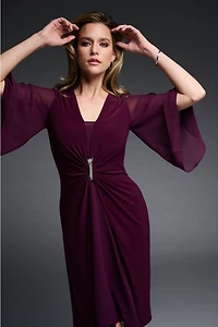 Rhinestone Brooch Gather Waist Dress