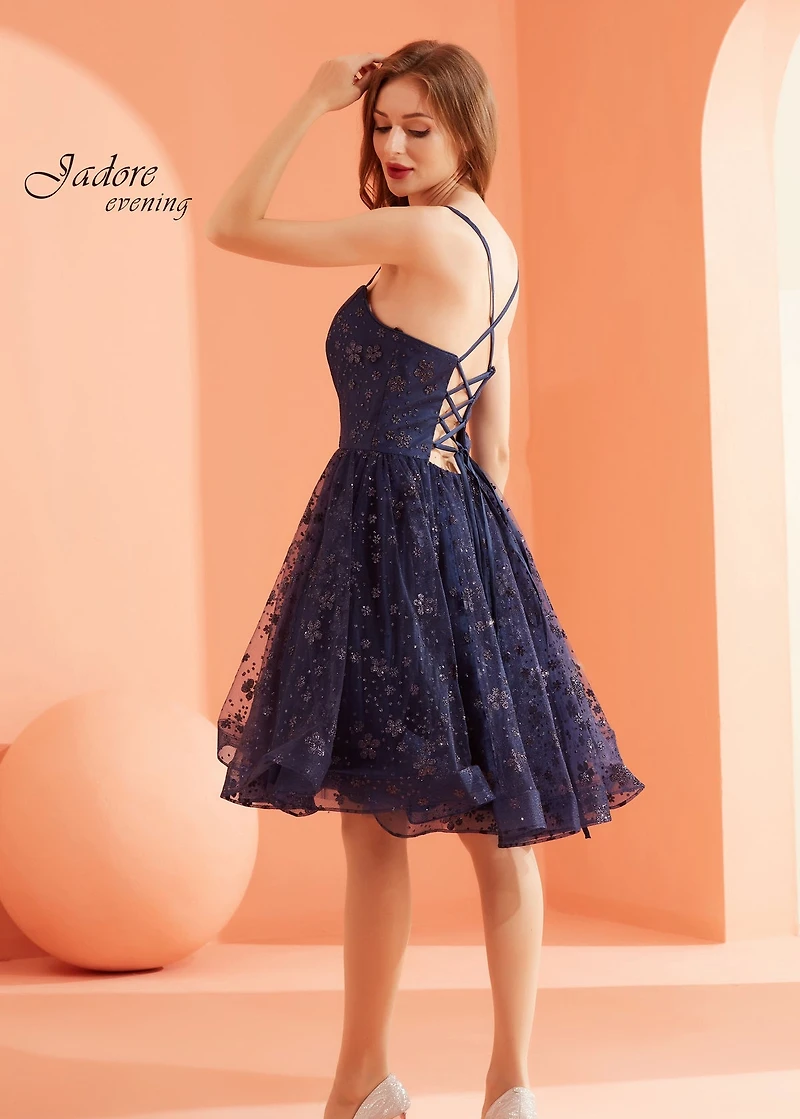 Straight Neckline Lace-Up Back Glitter Tulle Dress