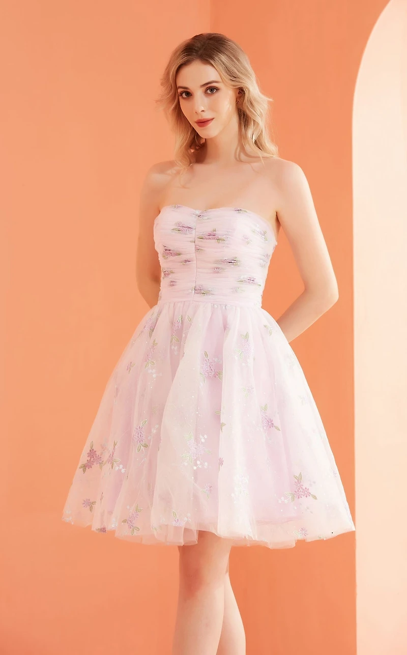 Pleated Bodice Metallic Shimmer Short Dress