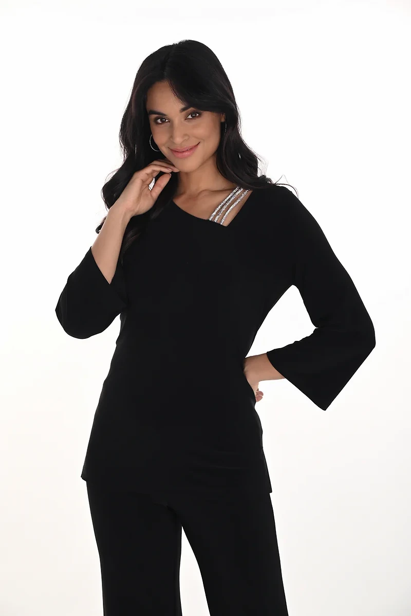 Triple Rhinestone Strap Asymmetric Neckline Top