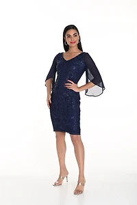 V-Neck Sheer Flutter Sleeves Dress